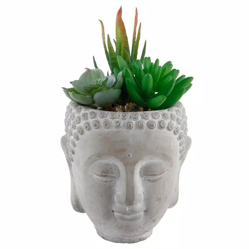 Flora Bunda 8 in. Faux Succulent Mix in Cement Buddha Planter