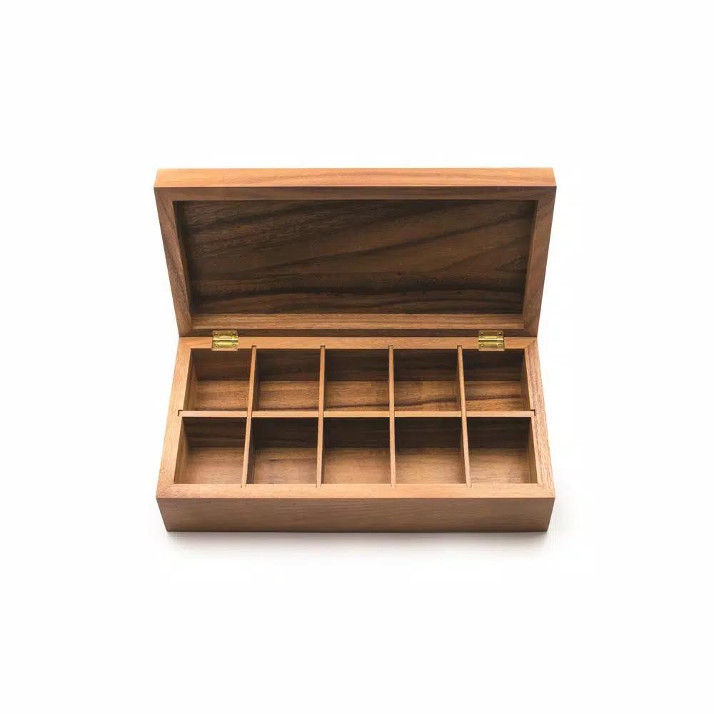 Ironwood Gourmet Acacia Wood Rectangular Tea Box with 10 Compartments