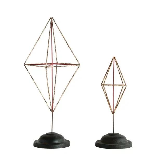 3R Studios Diamond Shaped Metal Figurine Set of 2, Distressed Red Geometric Sculptures