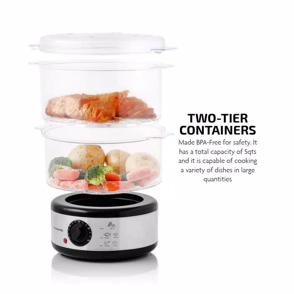 Ovente 2-Tier Electric Food Steamer, 5-Quart Capacity, 400W, Silver