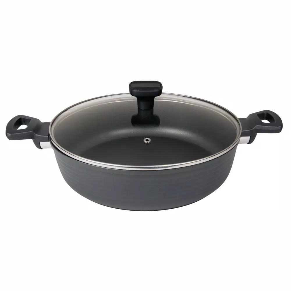 MasterPan Modern Series 5 qt. Cast Aluminum Nonstick Saute Pan with Glass Lid, Black