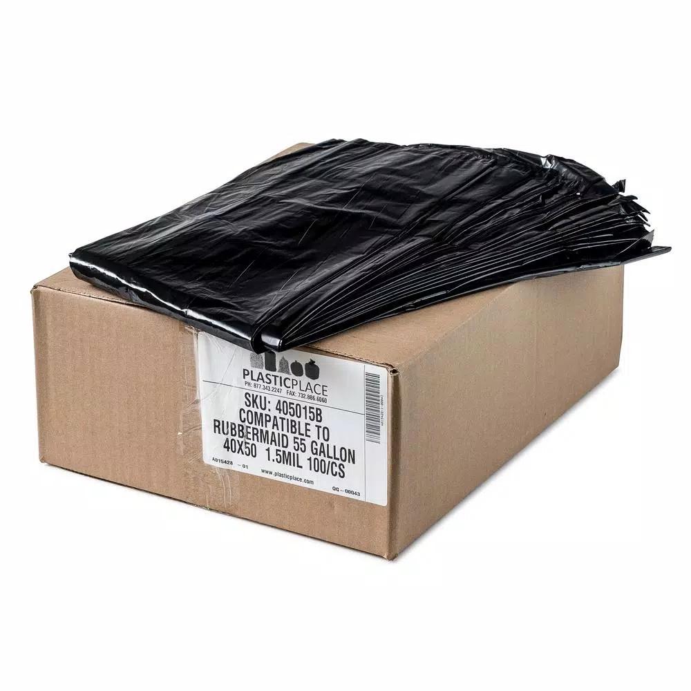 Plasticplace 55 Gallon Black Trash Bags, 1.5 Mil Heavy Duty, Rubbermaid Compatible, 100 Count Case