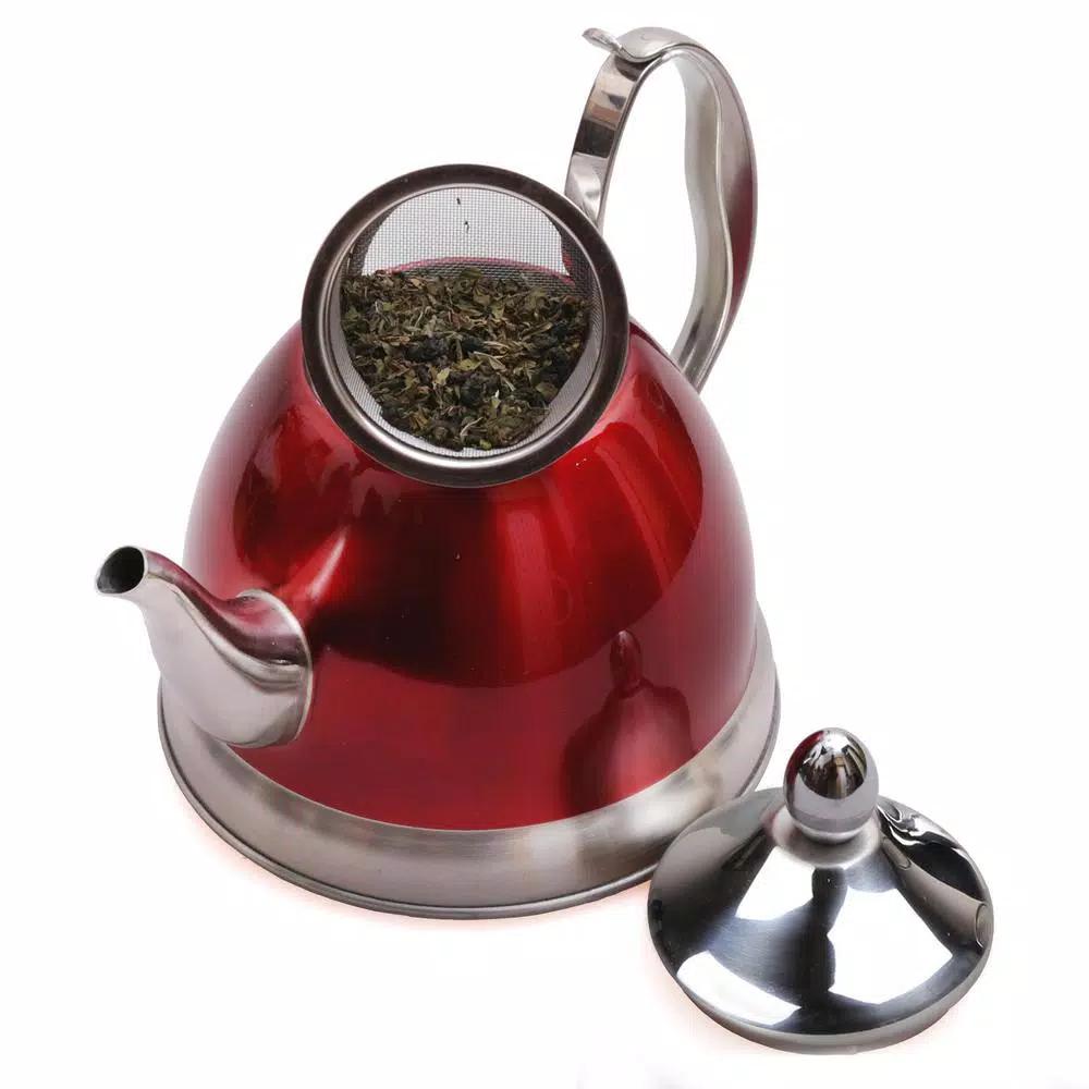 Creative Home Nobili-Tea 2 qt. Metallic Cranberry Stainless Steel Tea Kettle with Removable Infuser