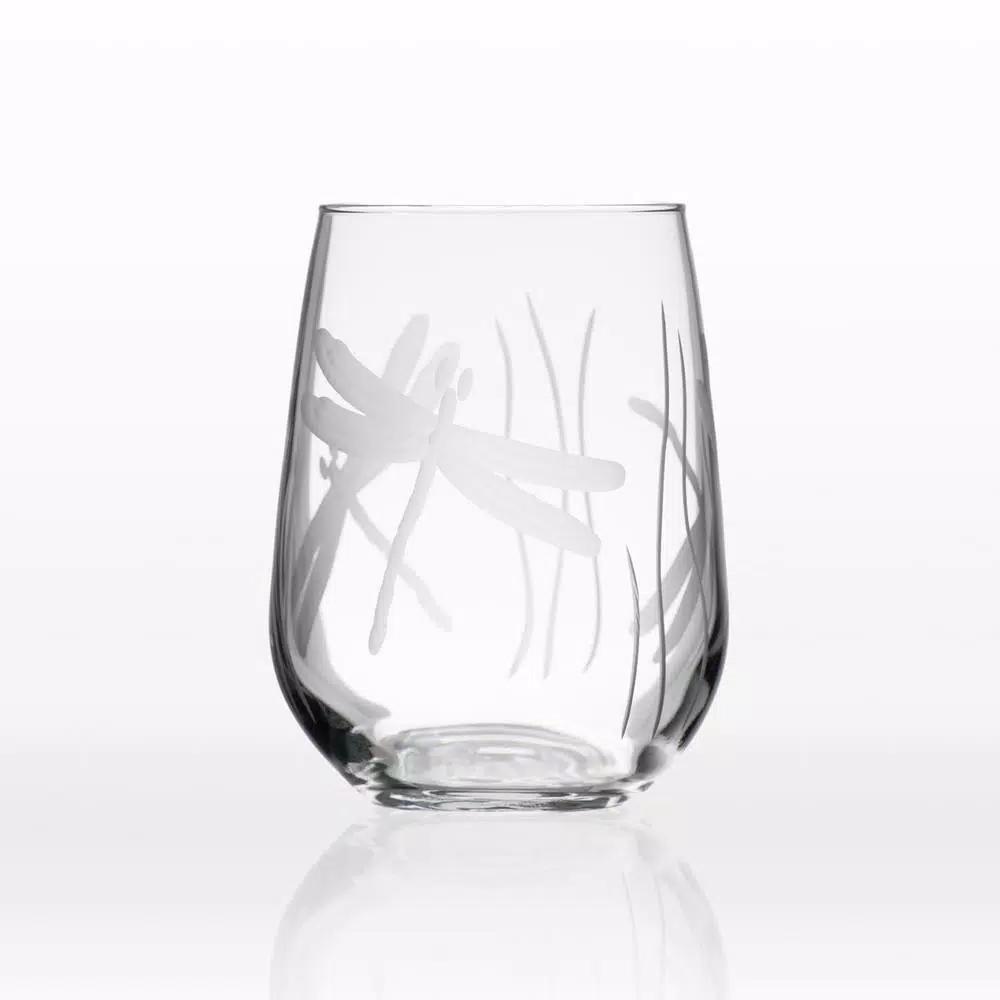 Rolf Glass Dragonfly 17 oz. Etched Stemless Wine Glass Set of 4, Clear Glassware