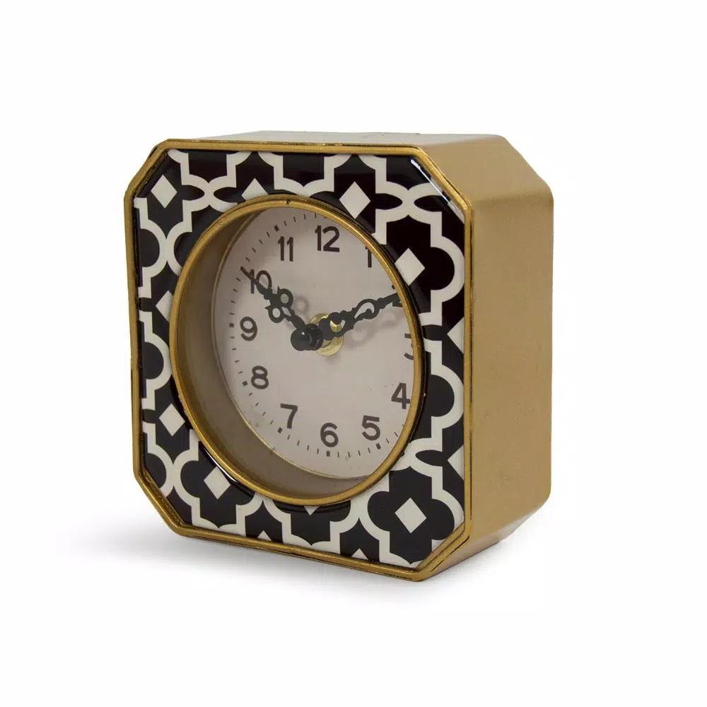 Zentique Black and White Patterned Analog Desk Clock with Gold Trim, 5x5 in.
