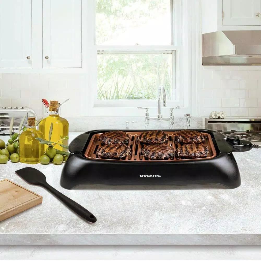Ovente 1000W Portable Indoor Smokeless Grill, 13x10 inch Non-Stick Aluminum Grilling Plate, Copper