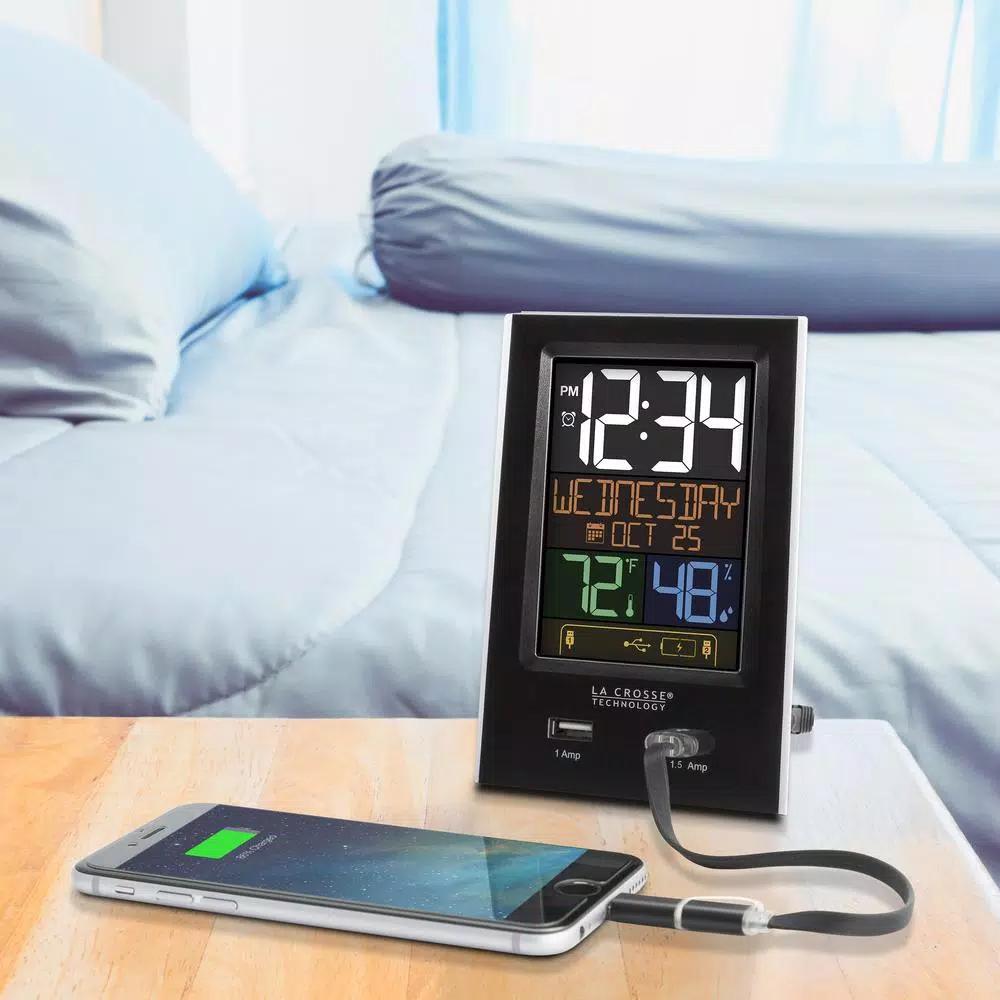La Crosse Technology Digital Desktop Alarm Clock with Dual USB Charging Ports, Nap Timer, and Temperature/Humidity Display