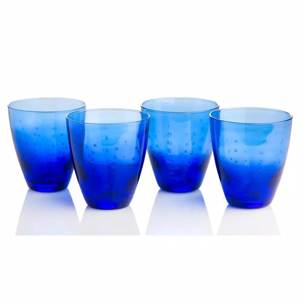 Abigails Blue Raindrop Double Old Fashioned Glass Set of 4, Mouth Blown Handmade Glassware