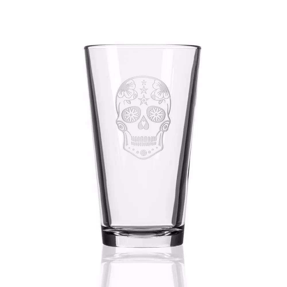 Rolf Glass Sugar Skull 16 oz. Pint Glass Set of 4 - Sand-Etched Glassware