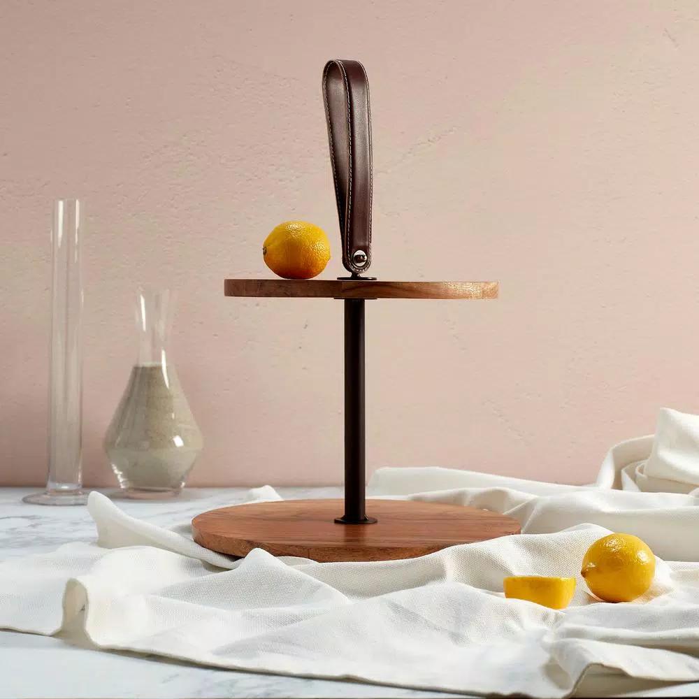 Mason Craft & More Acacia Wood 2-Tier Serving Tray with Faux Leather Handles