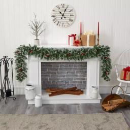 Nearly Natural 9 ft. Pre-lit Frosted Swiss Pine Artificial Garland with 50 LED Lights and Berries thumbnail 4
