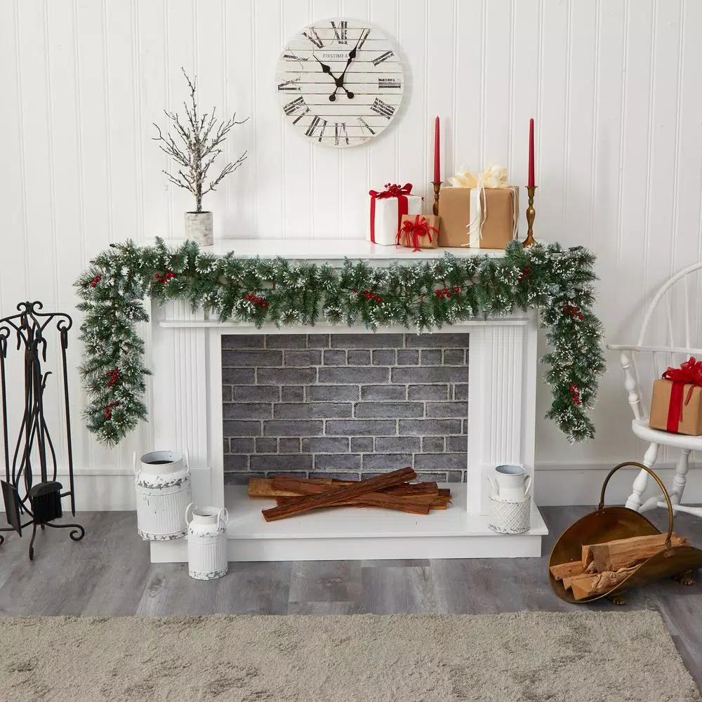 Nearly Natural 9 ft. Pre-lit Frosted Swiss Pine Artificial Garland with 50 LED Lights and Berries