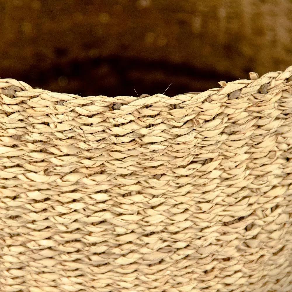 Zentique Hand Woven Seagrass and Palm Leaf Large Decorative Basket with Dark Pin Stripes