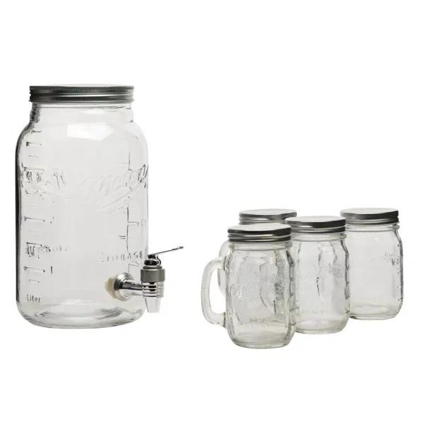 MASON CRAFT & MORE 5-Piece Clear Glass Drink Dispenser Set with 4L Dispenser and 4 Mugs with Metal Lids