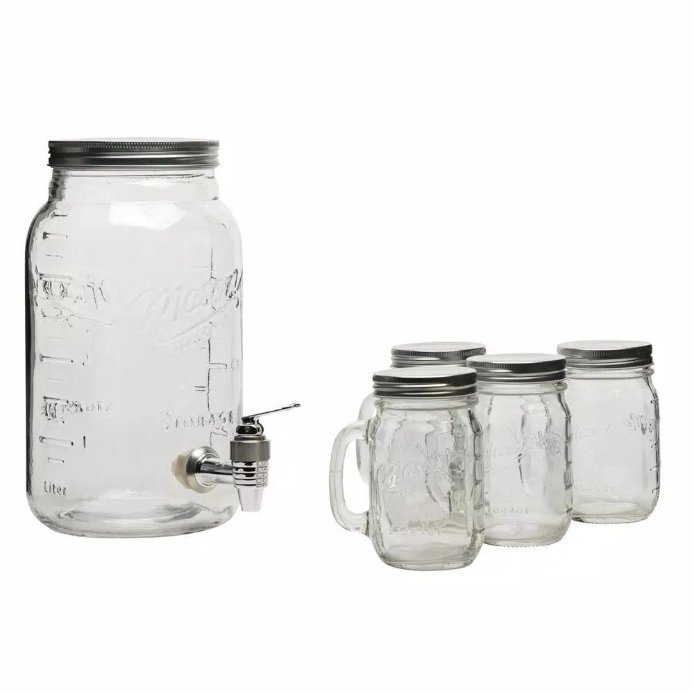 MASON CRAFT & MORE 5-Piece Clear Glass Drink Dispenser Set with 4L Dispenser and 4 Mugs with Metal Lids