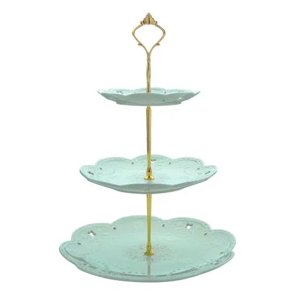 MALACASA 3-Tiered Green Porcelain Cupcake Tower Stand, Round Dessert & Cake Serving Stand