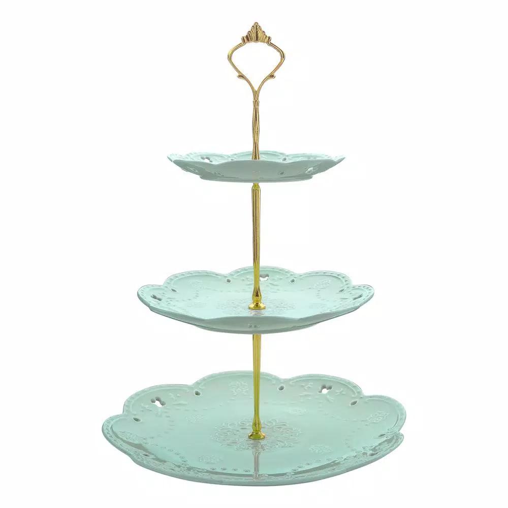 MALACASA 3-Tiered Green Porcelain Cupcake Tower Stand, Round Dessert & Cake Serving Stand