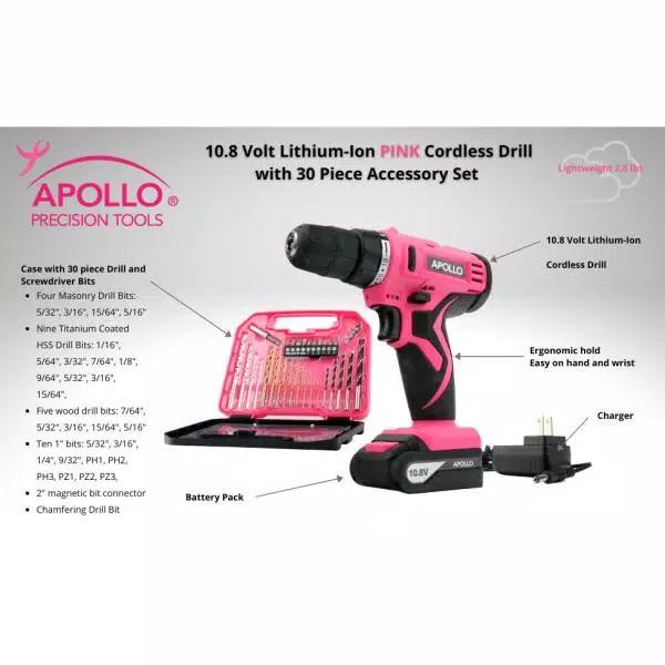 Apollo 10.8V Cordless Drill Driver Kit with 30-Piece Accessory Set, Pink