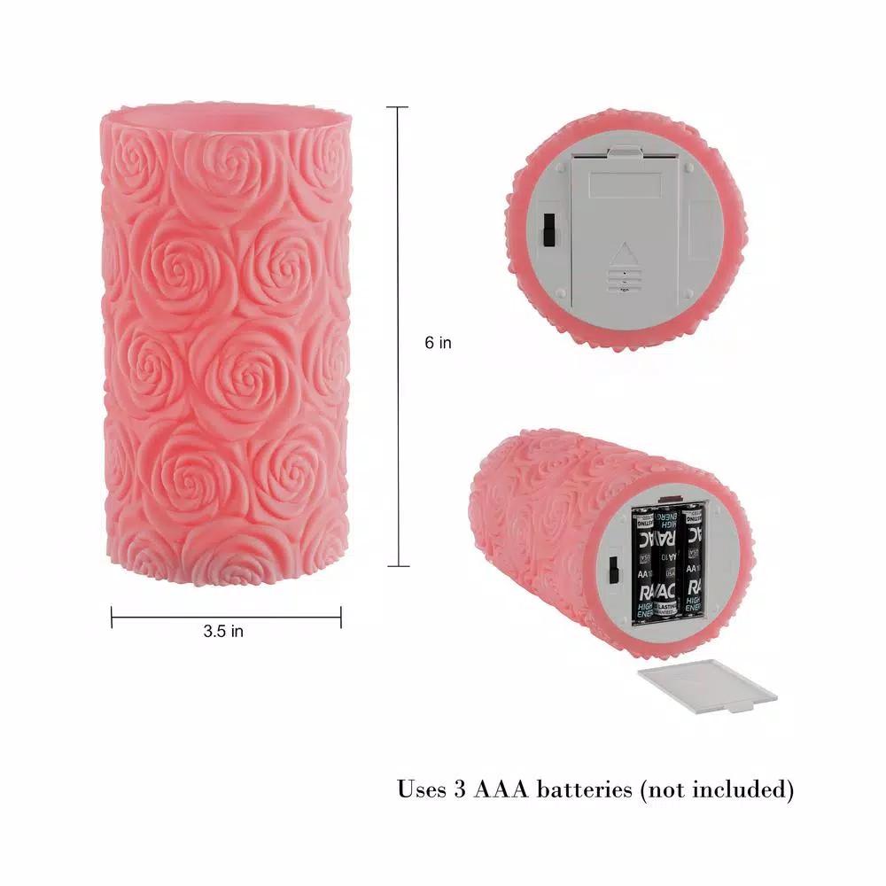 Lavish Home Rose Embossed LED Flameless Candle with Remote Control, Pink Real Wax