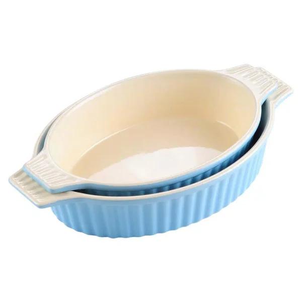 MALACASA 2-Piece Blue Oval Porcelain Bakeware Set, 12.75 in. and 14.5 in. Ceramic Baking Dishes