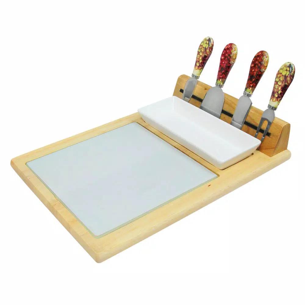 Epicureanist Sonoma Cheese Tray Serving Set with Bamboo Board, Glass Center, and Ceramic Dish