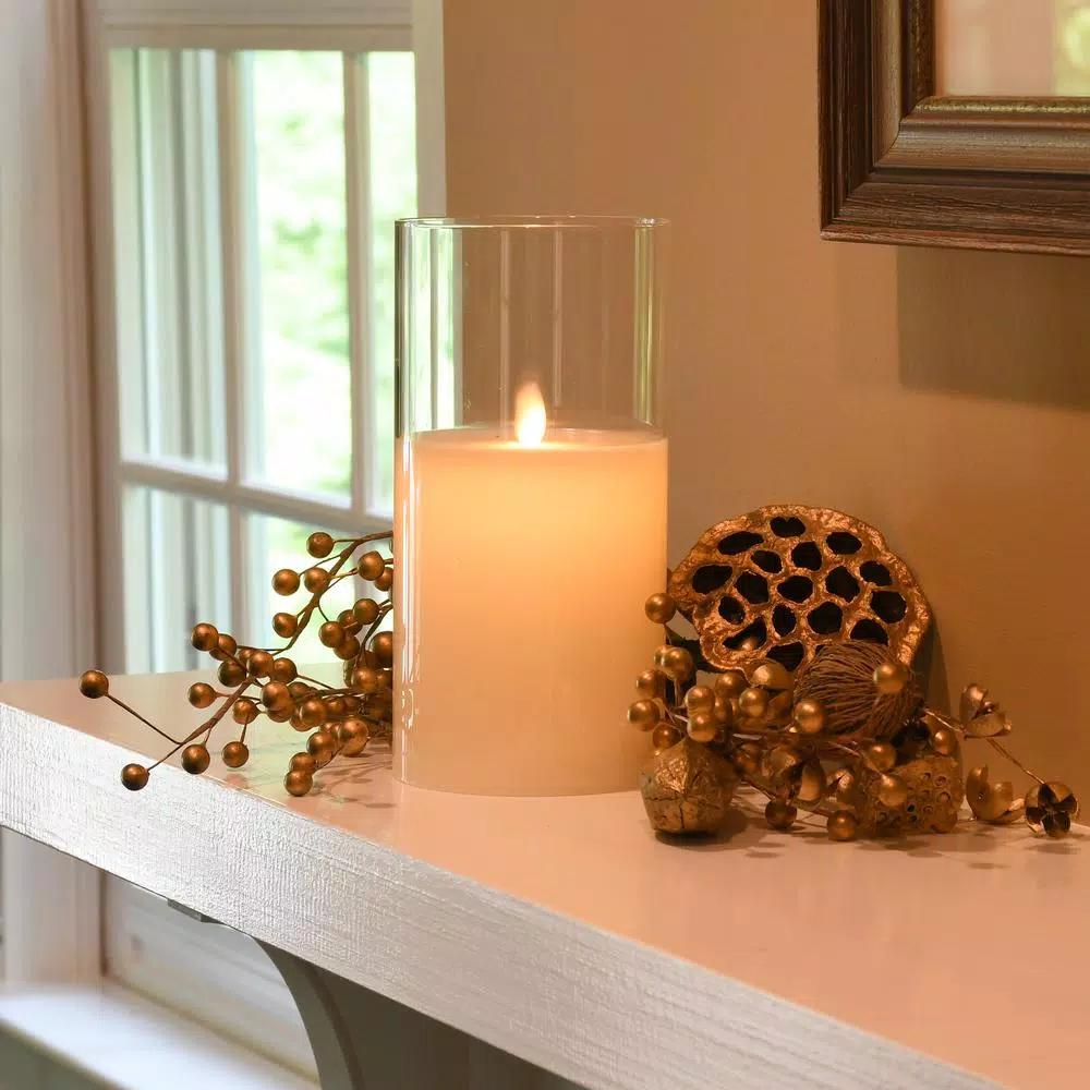 LUMABASE 8 in. Glass Hurricane LED Flameless Candle with Moving Flame, Battery Operated