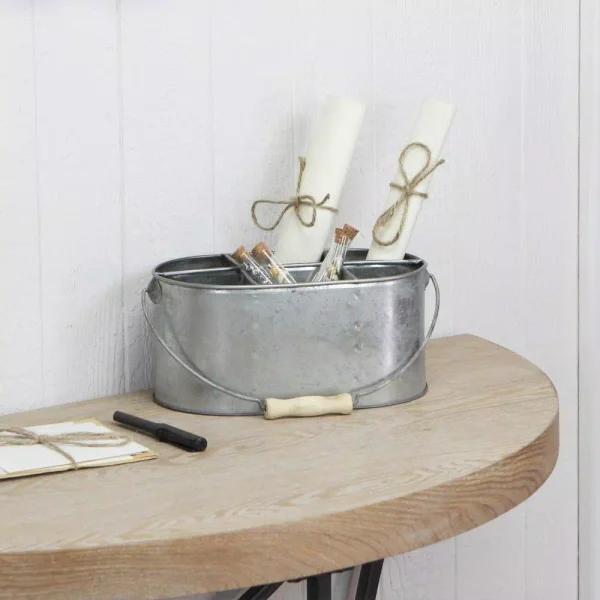 Cheungs Metal Gray Galvanized Steel Utensil Holder with Wood Grip Swivel Handle, 6-Slot Oval Caddy