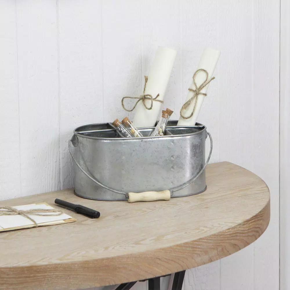 Cheungs Metal Gray Galvanized Steel Utensil Holder with Wood Grip Swivel Handle, 6-Slot Oval Caddy
