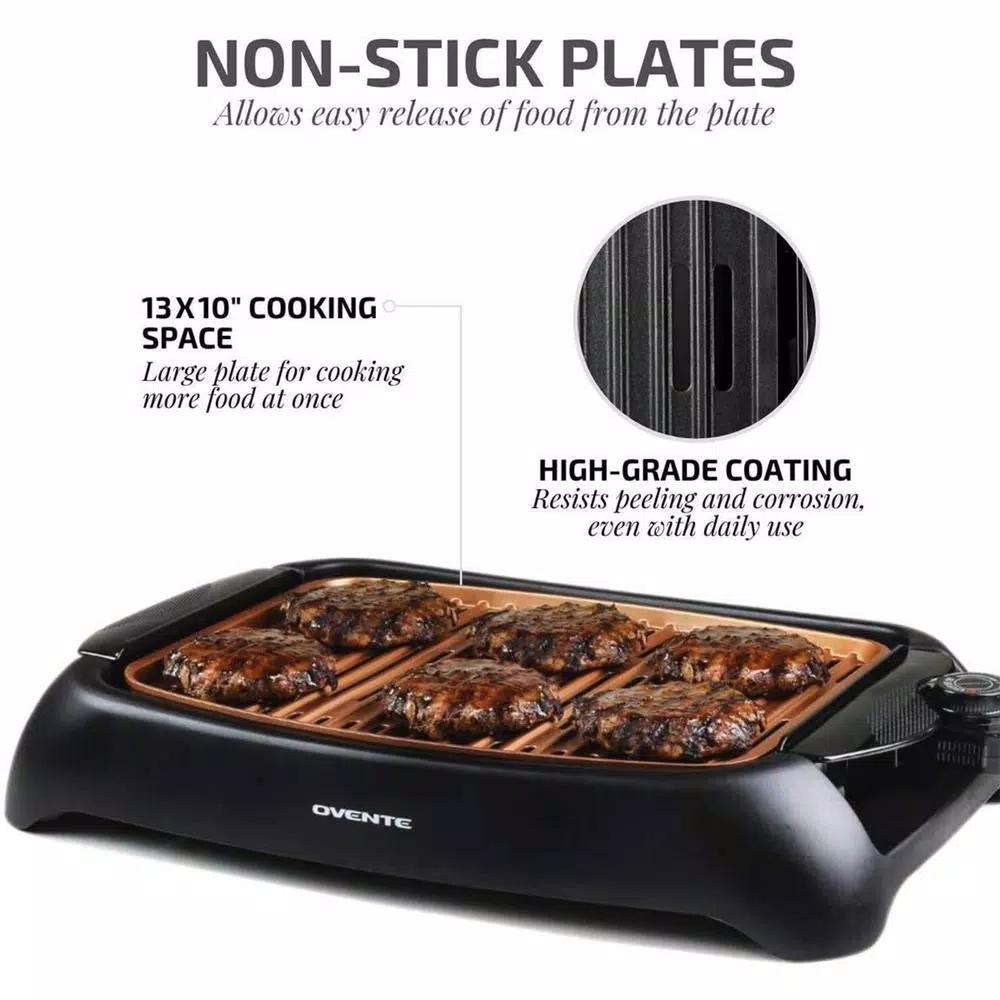 Ovente 1000W Portable Indoor Smokeless Grill, 13x10 inch Non-Stick Aluminum Grilling Plate, Copper