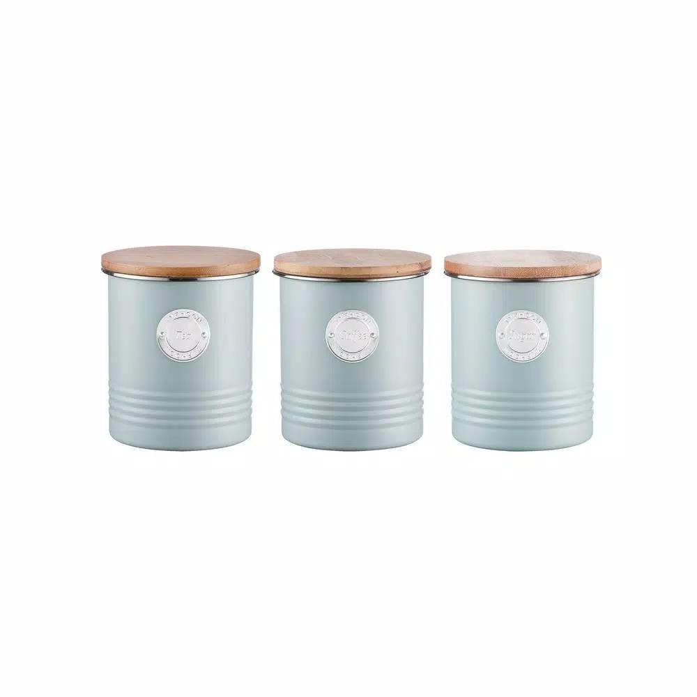 Typhoon Living 3-Piece Blue Carbon Steel Coffee, Tea & Sugar Canister Set with Sustainable Bamboo Lids