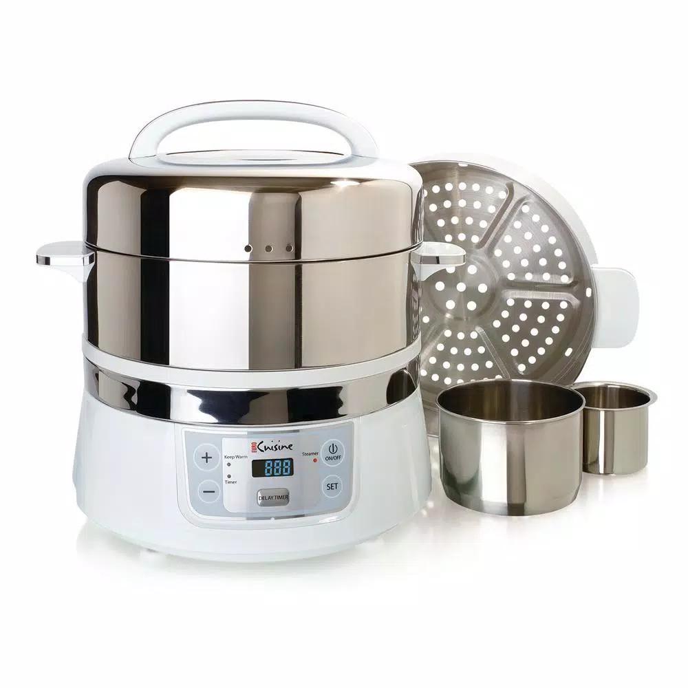 Euro Cuisine 16.9 Qt. 2-Tier Stainless Steel Electric Food Steamer and Rice Cooker with LCD Timer