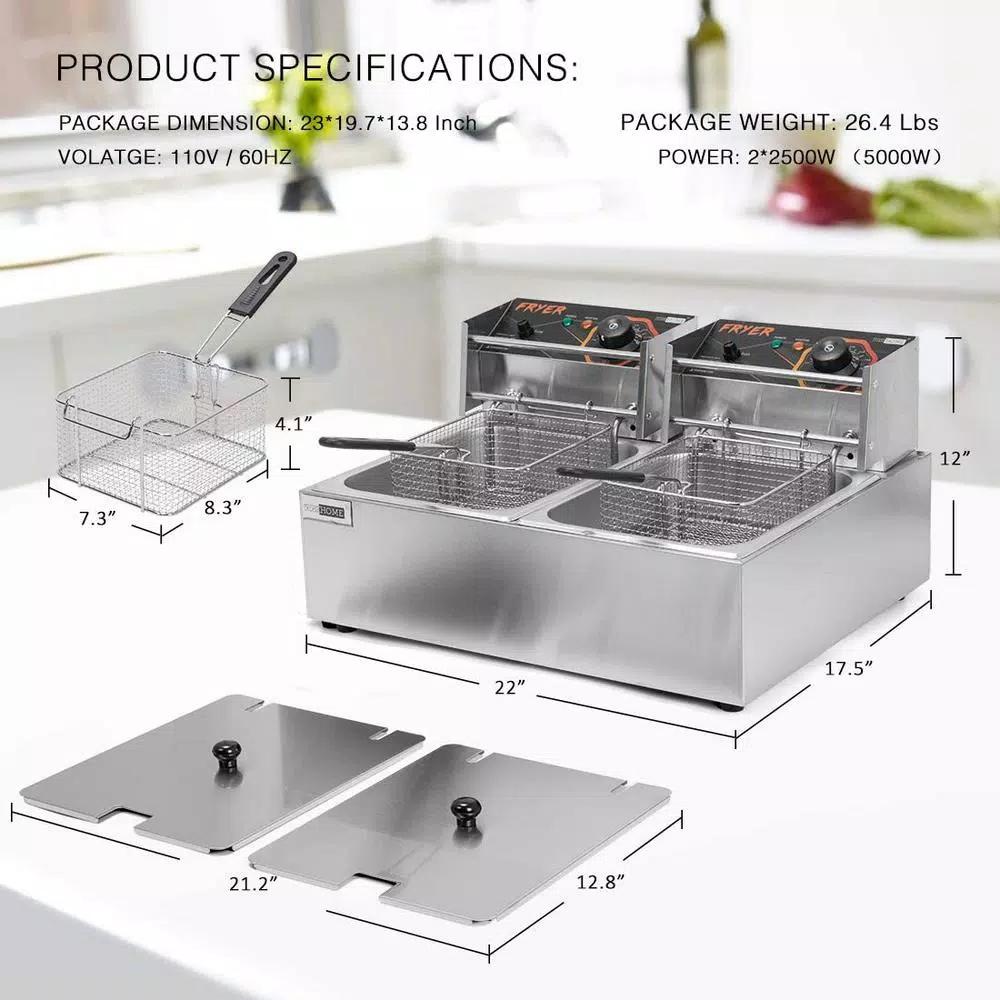 VIVOHOME 20.7 Qt. Stainless Steel Dual Basin Electric Deep Fryer, 5000W with 2 Removable Baskets