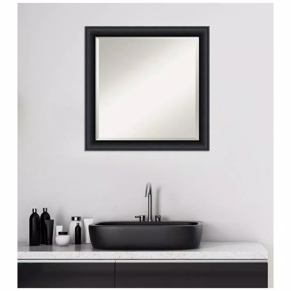 Amanti Art Nero 23 in. Square Beveled Edge Bathroom Vanity Mirror, Black Satin Wood Frame