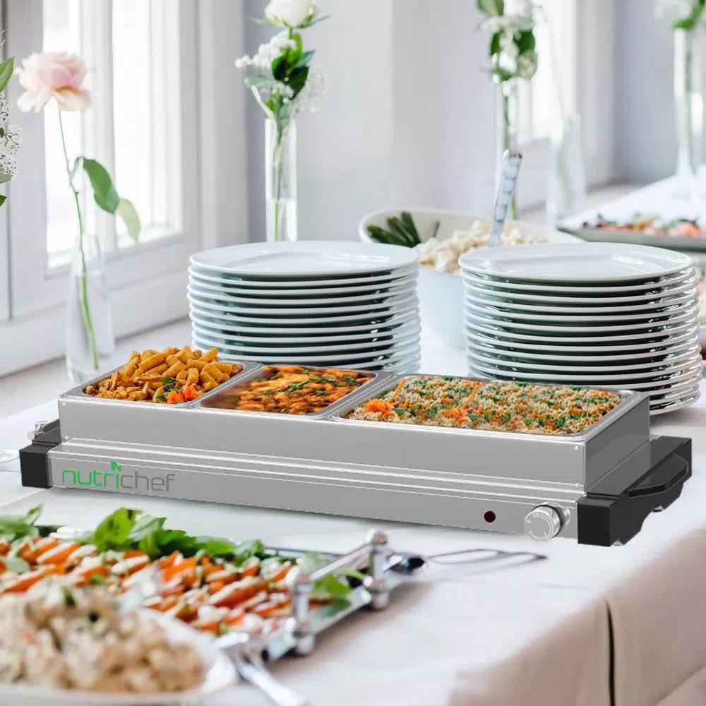 NutriChef 27.6 in. 3-Burner Stainless Steel Electric Buffet Server Food Warming Tray