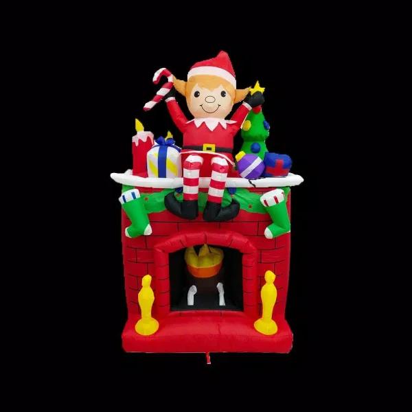 Fraser Hill Farm 6.5 ft. Pre-Lit Elf Sitting on Fireplace Christmas Inflatable