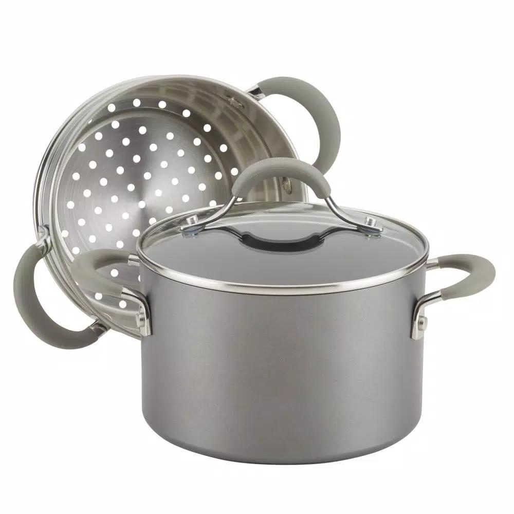 Circulon Elementum 3 Qt. Hard-Anodized Nonstick Covered Multipot with Steamer Insert, Oyster Gray