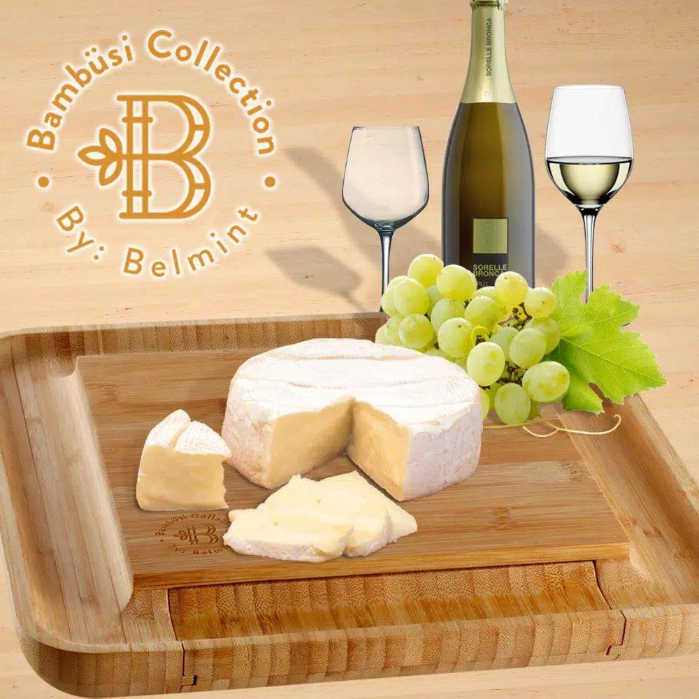 Bambusi Bambsi 100% Natural Bamboo Cheese Board & Cutlery Set with Slide-Out Drawer