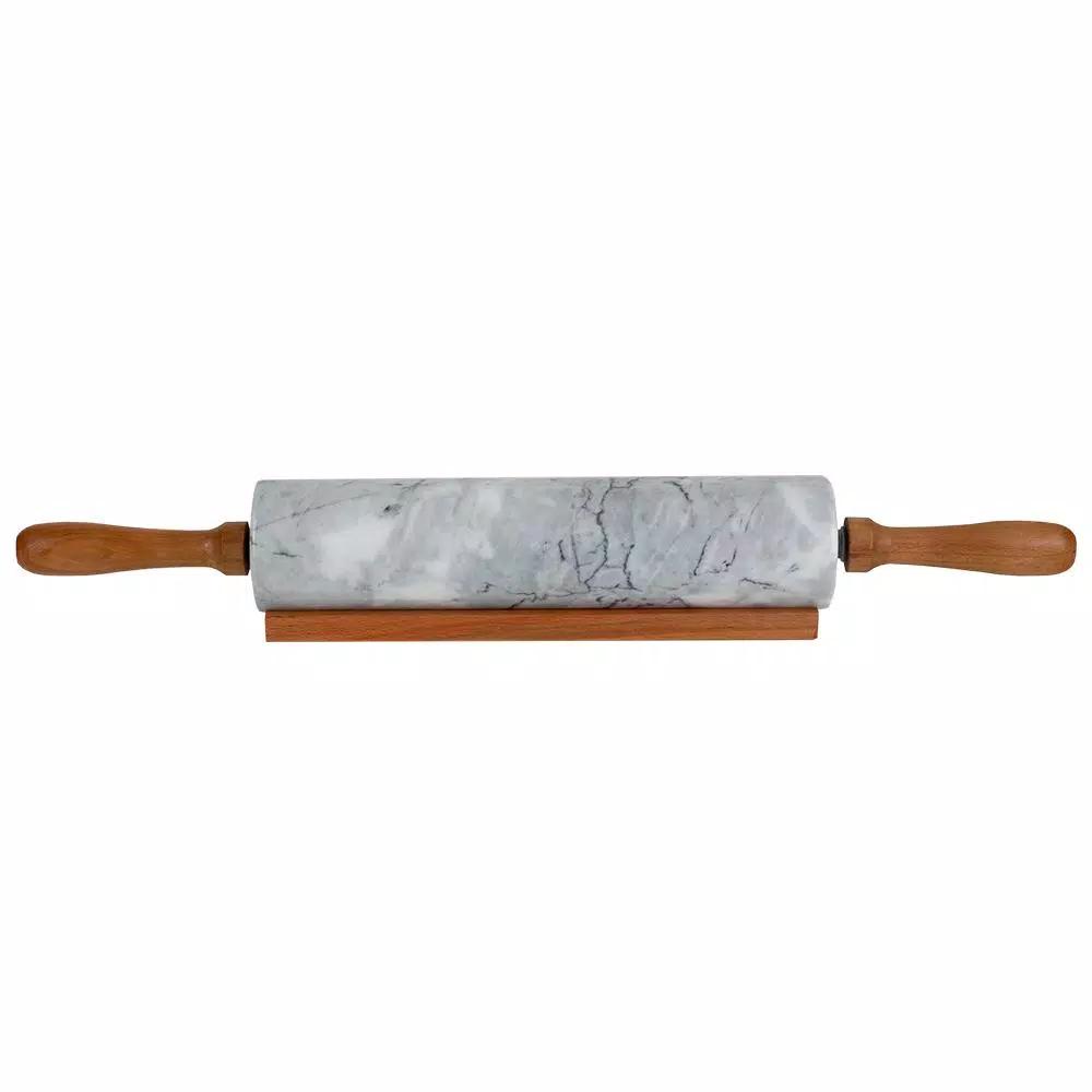 Unbranded White Marble Rolling Pin with Wooden Handles and Rolling Pin Rest