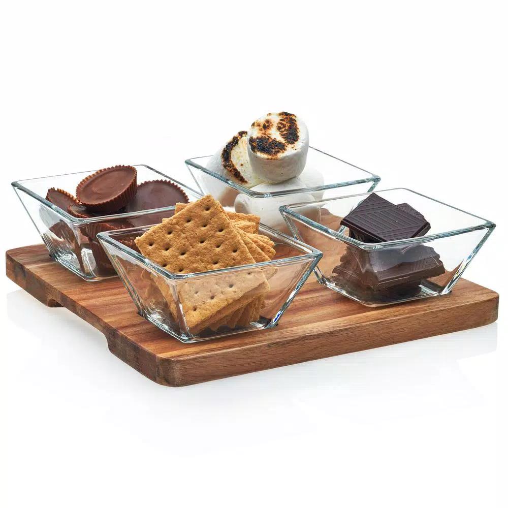 Libbey Acaciawood 5-Piece Antipasto Serving Set with 4 Glass Bowls and Wood Board