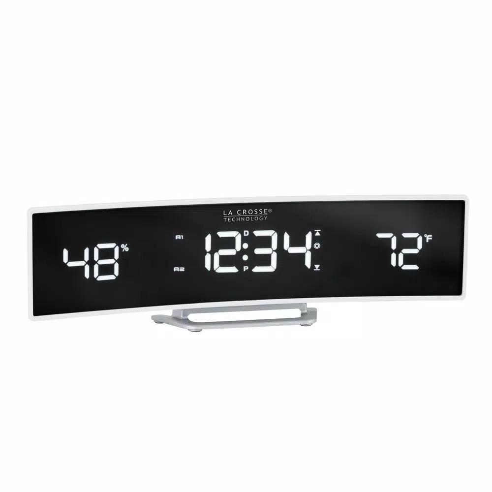 La Crosse Technology White Curved Digital Alarm Clock with Mirrored LED Display, Temperature, Humidity, and USB Charging Port
