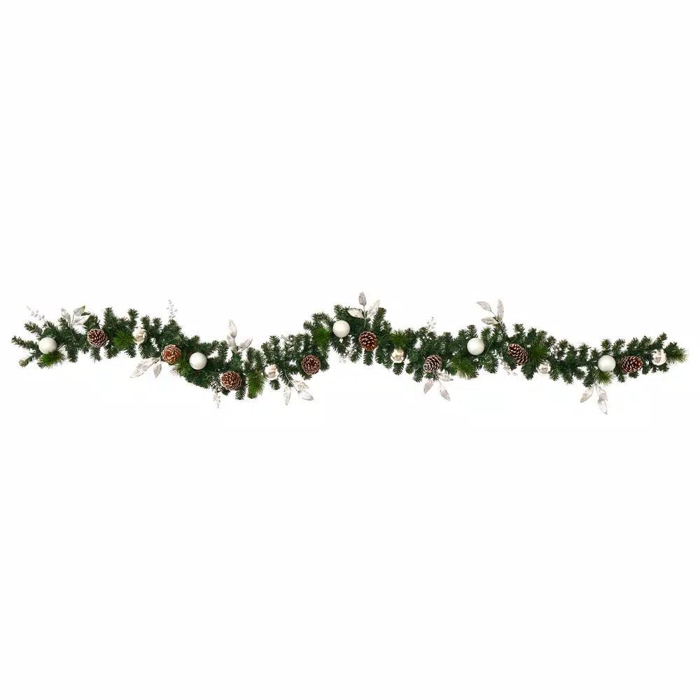 Nearly Natural 9 ft. Pre-lit Artificial Christmas Garland with Ornaments and Pinecones, 50 Clear LED Lights, Battery Operated