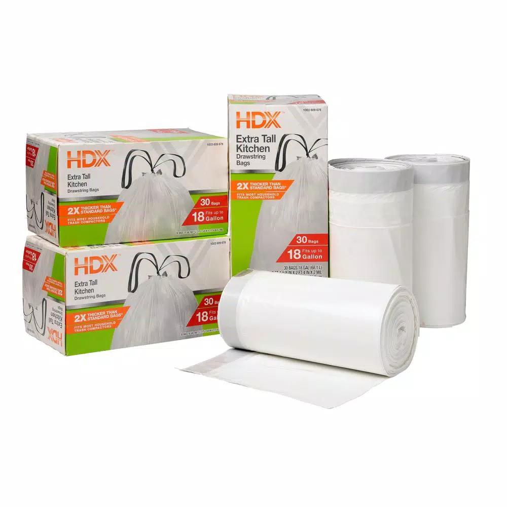 HDX 18 Gal. Kitchen and Compactor Drawstring Trash Bags, White, 90-Count