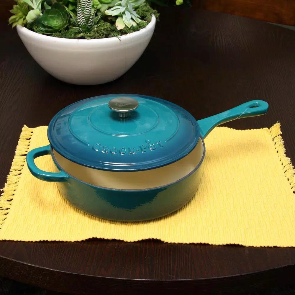 Crock-Pot Artisan 3.5 Qt. Cast Iron Enamel Saute Pan with Lid, Teal Ombre