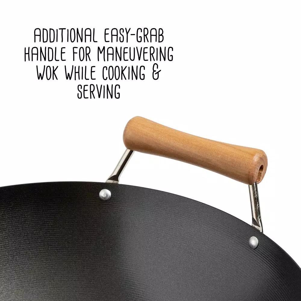 Honey-Can-Do Joyce Chen 4-Piece Carbon Steel Non-Stick Wok Set with High Dome Lid, Bamboo Spatula, and Recipe Booklet