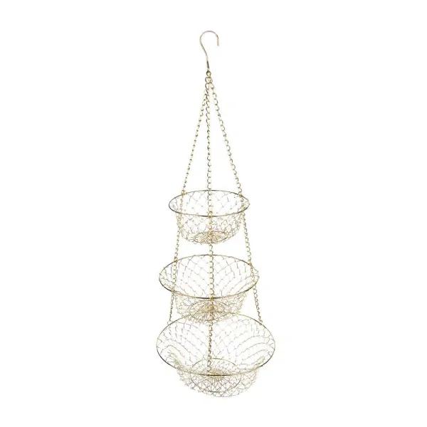Fox Run Gold 3-Tier Hanging Fruit Basket - Iron Metal Wire Tiered Kitchen Organizer