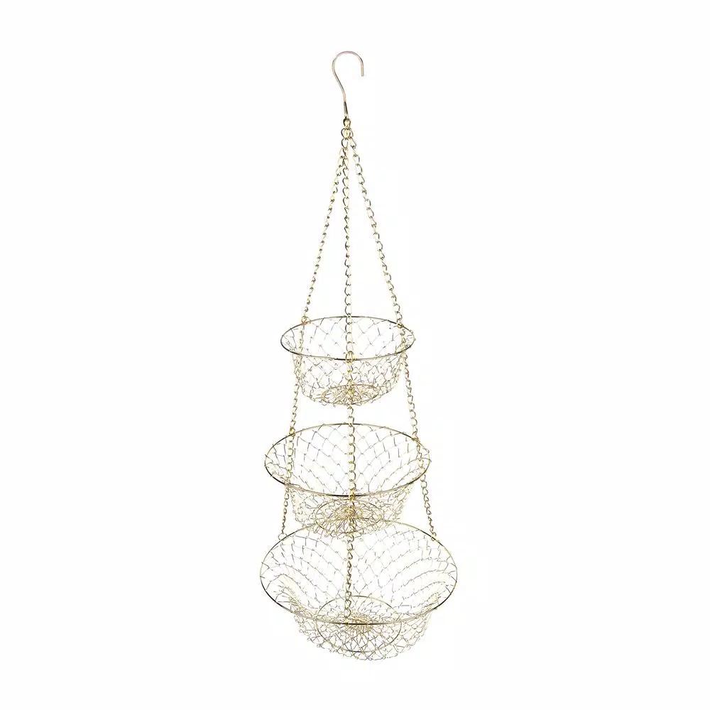 Fox Run Gold 3-Tier Hanging Fruit Basket - Iron Metal Wire Tiered Kitchen Organizer