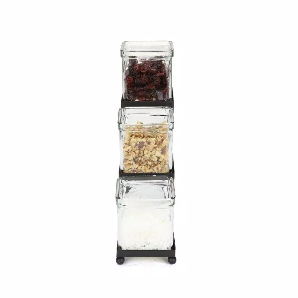 Mind Reader 3-Tier Black Metal Condiment Server with 3 Removable 8 oz. Glass Jars