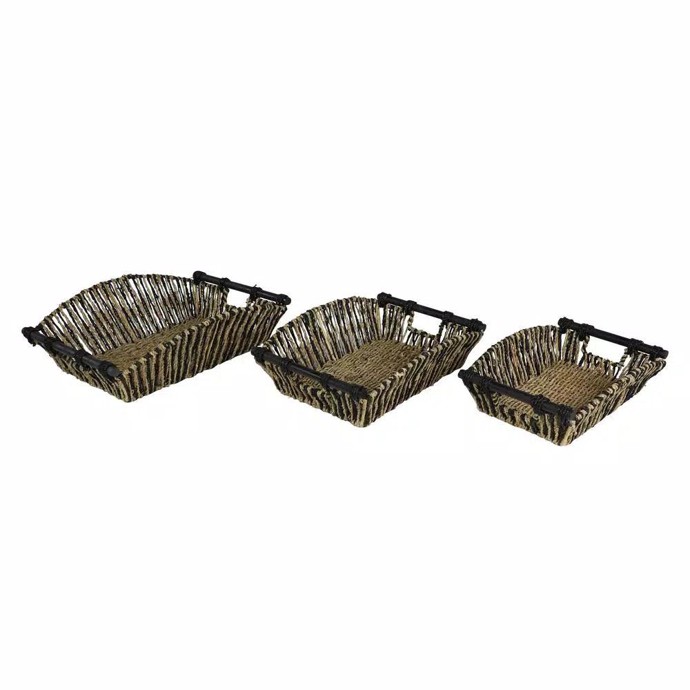 LITTON LANE Handmade Black and Natural Striped Palm Leaf and Seagrass Basket Tray Set of 3