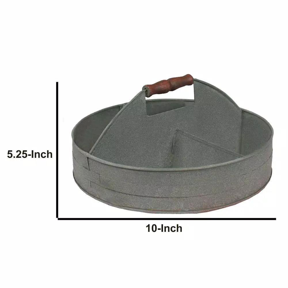 Benzara Round Galvanized Steel Divided Serving Tray with Wood Handles, Gray