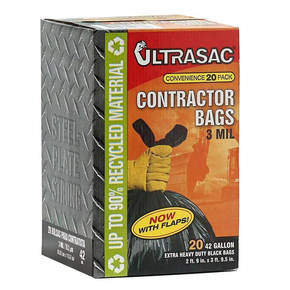Ultrasac 42 Gallon Contractor Bags with Flap Tie Closure, 3 Mil Thick, 20-Count